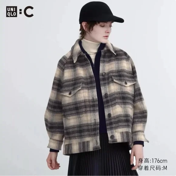 Clare Waight Keller x Uniqlo Black Cream Loose Fit Plaid Flannel Shirt Jacket - Picture 2 of 11